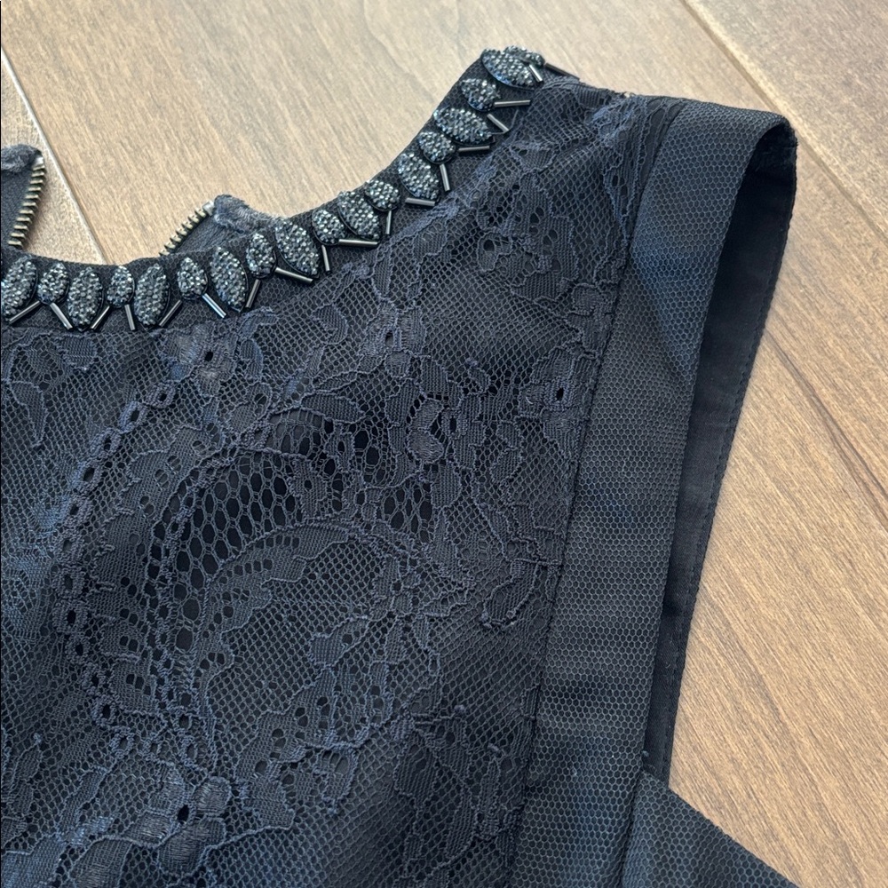 Miss Me Elegant Black Sleeveless Peplum Top with beaded and lace detail, size M - Picture 7 of 10